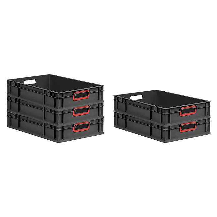 Proregal Euroboxen-Set 8x Eurobox NextGen Color - L x B x H: 60 x 40 x 12 cm, Kunststoff, Schwarz, Rot, 8 Stk. - Zwei Ansichten von schwarzen Stapelboxen mit roten Griffen, einmal drei übereinander und einmal zwei, ideal für Lagerung und Organisation.