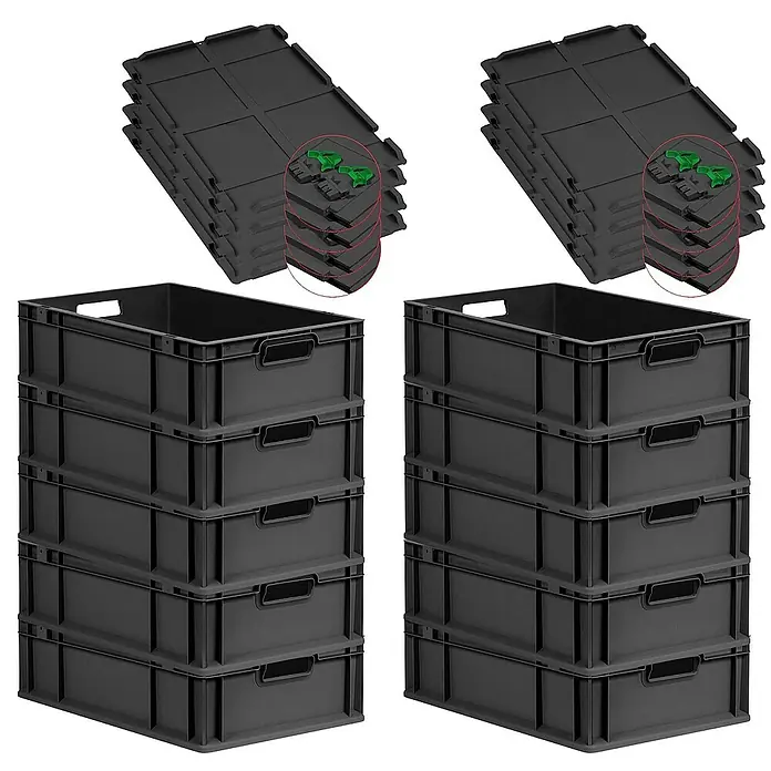 SuperSparSet 10x Eurobox NextGen Grip mit Scharnierdeckel und grünen Schiebeschnappverschlüssen | HxBxT 17x40x60cm | 34 Liter | Schwarz | Griffe offen | Eurobehälter, Transportbox, Transportbehälter, Stapelbehälter -  - Stapelbare schwarze Eurobehälter mit Deckeln, ideal für Lagerung und Transport. Robust und vielseitig einsetzbar.