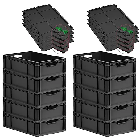 SuperSparSet 10x Eurobox NextGen Grip mit Scharnierdeckel und grünen Schiebeschnappverschlüssen | HxBxT 17x40x60cm | 34 Liter | Schwarz | Griffe offen | Eurobehälter, Transportbox, Transportbehälter, Stapelbehälter