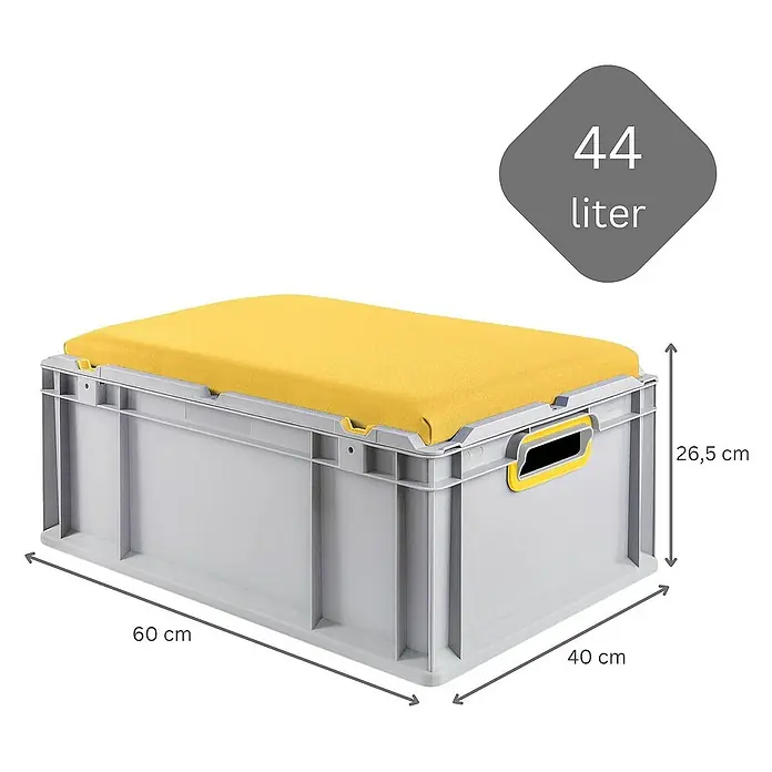 Proregal Euroboxen-Set 3x Eurobox NextGen Seat Box Gelb - L x B x H: 60 x 40 x 26,5 cm, Kunststoff, Grau, Gelb, 3 Stk. - Bild einer grauen Aufbewahrungsbox mit gelbem Kissen und den Maßen 60x40x26,5cm, Volumen 44 Liter.