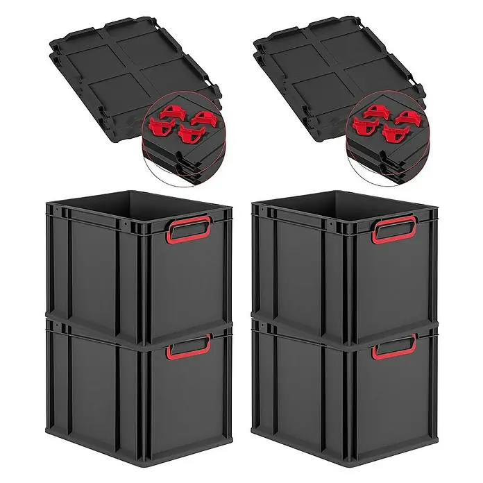 Proregal Euroboxen-Set 4x Eurobox NextGen Color mit Auflagedeckel und Schiebeschnappverschlüsse - Kunststoff, Schwarz, Rot, 4 Stk. - Bild von vier grauen Lagerkisten mit roten Griffen und zwei grauen Deckeln mit roten Befestigungen.