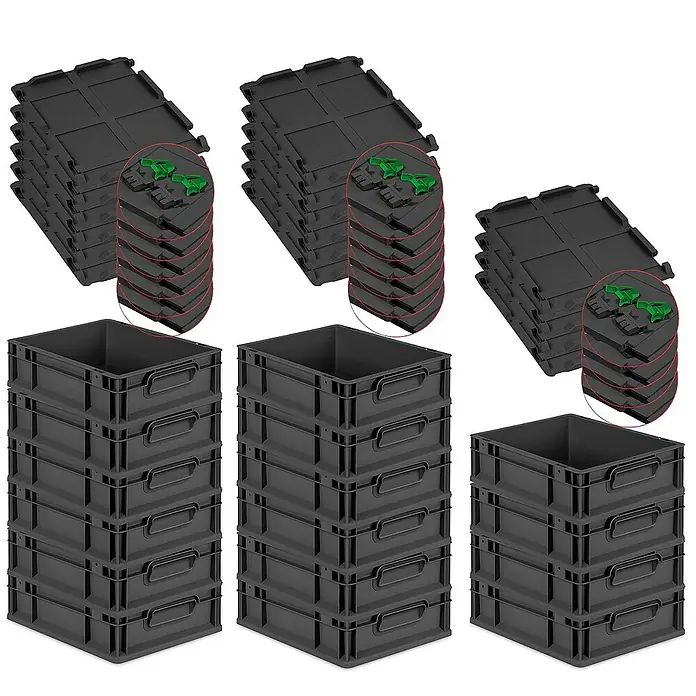 Proregal Euroboxen-Set 16x Eurobox NextGen Grip mit Scharnierdeckel und grünen Verschlüssen - L x B x H: 40 x 30 x 12 cm, Kunststoff, Schwarz, 16 Stk. - Schwarze Lagerkästen und Deckel gestapelt, ideal für die Organisation. Robuste Bauweise für vielfältige Aufbewahrungsbedürfnisse.