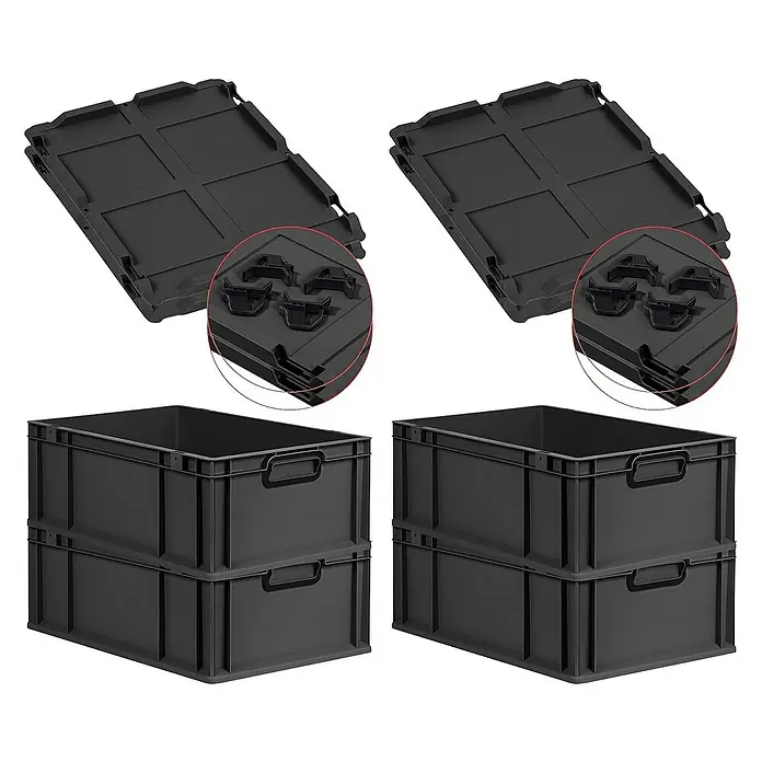 SuperSparSet 4x Eurobox NextGen Color mit Auflagedeckel und Schiebeschnappverschlüsse | HxBxT 22x40x60cm | 44 Liter | Schwarz | Griffe schwarz geschlossen | Verstärkter Boden | Eurobehälter, Transportbox, Transportbehälter, Stapelbehälter -  - Zwei Stapelboxen mit Deckel: Robustes Ordnungssystem für Lagerung und Transport. Ideal für Werkstatt, Büro und Hobby.