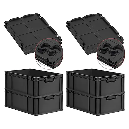 SuperSparSet 4x Eurobox NextGen Color mit Auflagedeckel und Schiebeschnappverschlüsse | HxBxT 22x40x60cm | 44 Liter | Schwarz | Griffe schwarz geschlossen | Verstärkter Boden | Eurobehälter, Transportbox, Transportbehälter, Stapelbehälter