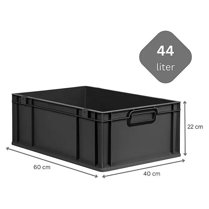 SuperSparSet 4x Eurobox NextGen Color mit Auflagedeckel und Schiebeschnappverschlüsse | HxBxT 22x40x60cm | 44 Liter | Schwarz | Griffe schwarz geschlossen | Verstärkter Boden | Eurobehälter, Transportbox, Transportbehälter, Stapelbehälter -  - Abgebildete schwarze 44-Liter-Lagerkiste mit den Maßen 60x40x22 cm. Ideale Größe für die Aufbewahrung von Gegenständen.