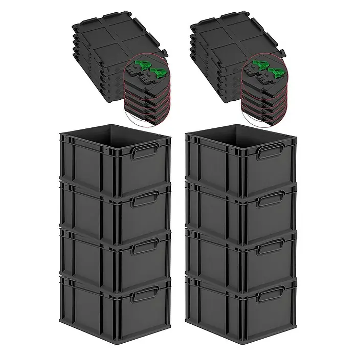 Proregal Euroboxen-Set 8x Eurobox NextGen Grip mit Scharnierdeckel und grünen Verschlüssen - L x B x H: 40 x 30 x 22 cm, Kunststoff, Schwarz, 8 Stk. - Das Bild zeigt zwei Stapel schwarzer Kunststoffboxen und zwei Stapel Deckel. Eine praktische Lösung für die Lagerung.