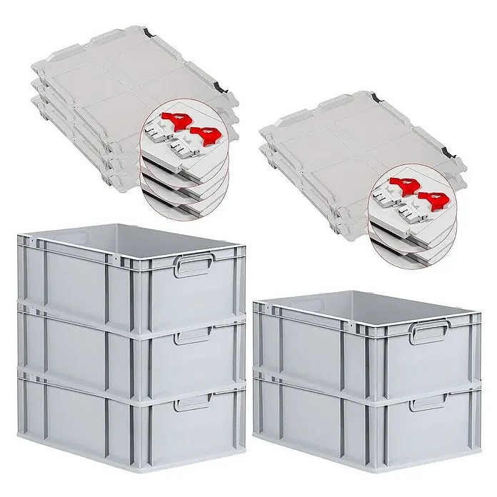 Proregal Euroboxen-Set 5x Eurobox NextGen Grip mit Scharnierdeckel und roten Verschlüssen - L x B x H: 60 x 40 x 22 cm, Kunststoff, Grau, 5 Stk. - Graue Kunststoffboxen und passende Deckel im Stapel, ideal für Lagerung und Transport. Praktische Lösungen für Ordnung und Organisation.