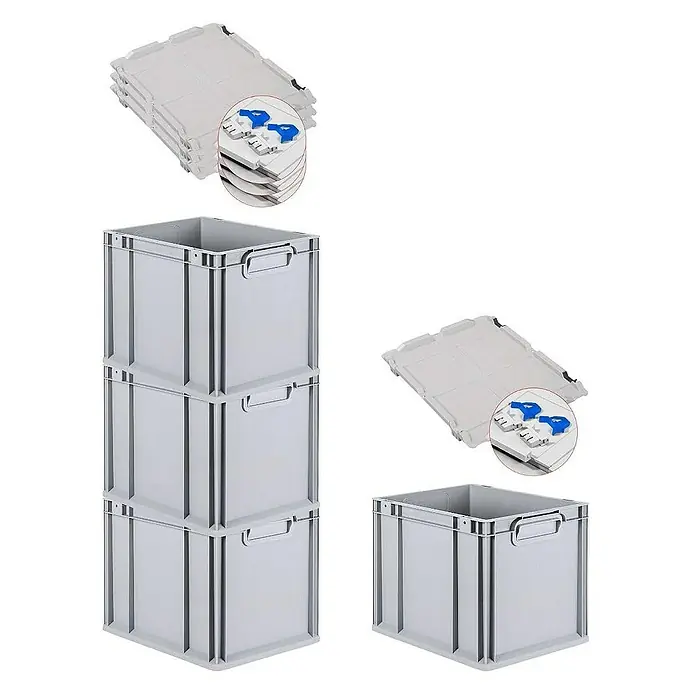 Proregal Euroboxen-Set 4x Eurobox NextGen Economy mit Scharnierdeckel und blauen Verschlüssen - Kunststoff, Grau, 4 Stk. - Stapelbare Kunststoffbehälter und Deckel. Ideal für Lagerung & Transport. Robuste Bauweise, platzsparend durch Stapelbarkeit.