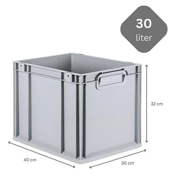 Proregal Euroboxen-Set 4x Eurobox NextGen Economy mit Scharnierdeckel und blauen Verschlüssen - Kunststoff, Grau, 4 Stk. - Abbildung einer grauen 30-Liter-Kunststoffbox mit den Maßen 40 cm x 30 cm x 32 cm.