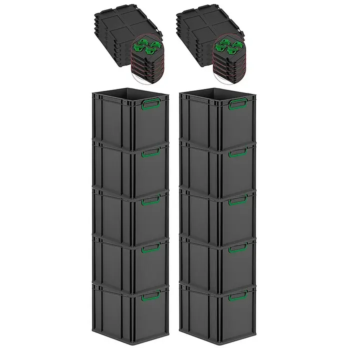 Proregal Euroboxen-Set 10x Eurobox NextGen Color mit Auflagedeckel und Schiebeschnappverschlüsse - Kunststoff, Schwarz, Grün, 10 Stk. - Bild von zwei Stapeln grauer Kunststoffboxen mit grünen Griffen und Deckeln. Ideal für Lagerung und Organisation.