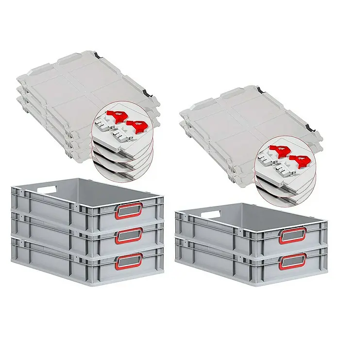 Proregal Euroboxen-Set 5x Eurobox NextGen Color mit Scharnierdeckel und Verschlüssen - L x B x H: 60 x 40 x 12 cm, Kunststoff, Grau, Rot, 5 Stk. - Stapelbare Lagerboxen aus Kunststoff mit Deckeln und roten Griffen, ideal für Lagerung und Organisation.