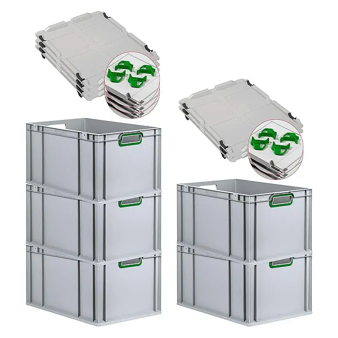 Proregal Euroboxen-Set 5x Eurobox NextGen Color mit Auflagedeckel und Schiebeschnappverschlüsse - L x B x H: 60 x 40 x 32 cm, Kunststoff, Grau, Grün, 5 Stk. - Stapelbare, graue Kunststoffboxen mit grünen Griffen und passenden Deckeln. Ideal für Lagerung und Transport.