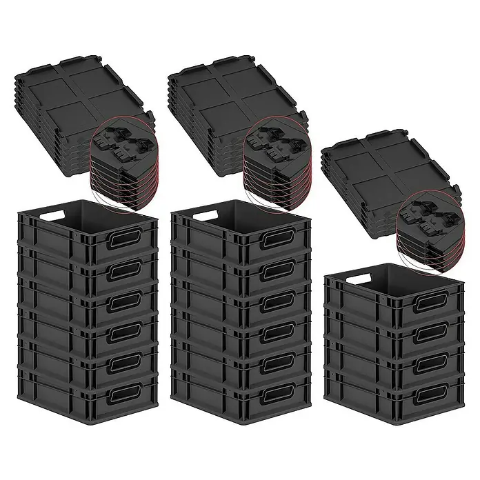 Proregal Euroboxen-Set 16x Eurobox NextGen Color mit Scharnierdeckel und Verschlüssen - L x B x H: 40 x 30 x 12 cm, Kunststoff, Schwarz, Schwarz, 16 Stk. - Drei Stapel grauer Aufbewahrungsboxen und passender Deckel für organisierte Lagerung im Haushalt oder Büro.