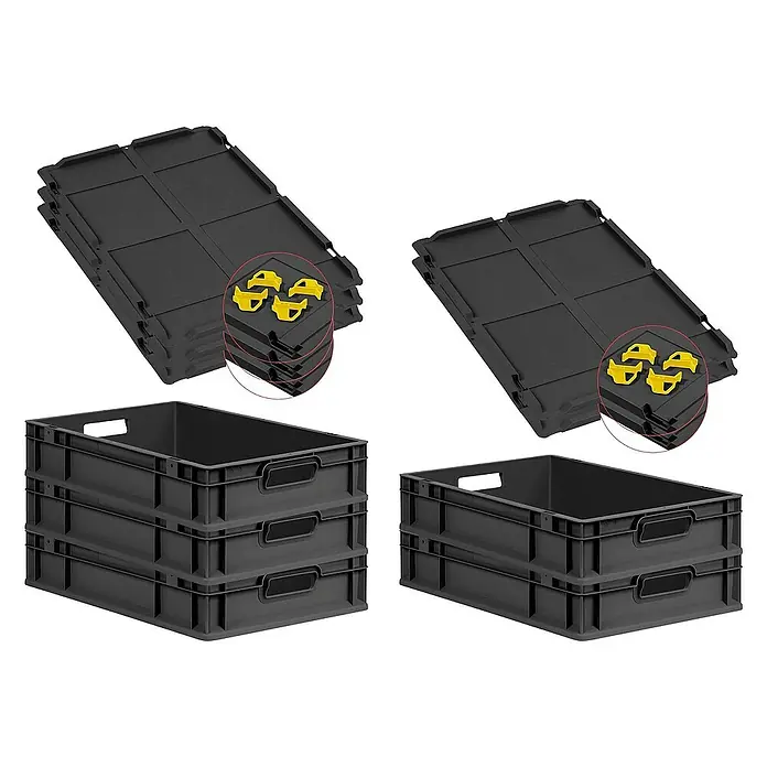 Proregal Euroboxen-Set 5x Eurobox NextGen Grip mit Auflagedeckel inkl. 4 gelben Verschlüssen - L x B x H: 60 x 40 x 12 cm, Kunststoff, Schwarz, 5 Stk. - Ein Set aus stapelbaren, faltbaren schwarzen Kunststoffkisten mit gelben Verschlüssen. Ideal für Lagerung und Transport.