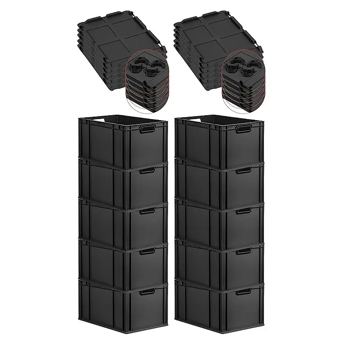 SparSet 10x Eurobox NextGen Color mit Auflagedeckel und Schiebeschnappverschlüsse | HxBxT 32x40x60cm | 65 Liter | Schwarz | Griffe schwarz offen | Verstärkter Boden | Eurobehälter, Transportbox, Transportbehälter, Stapelbehälter -  - Schwarze Stapelboxen und Deckel: Ein praktisches Set zur Aufbewahrung, ideal für Ordnung und Organisation in verschiedenen Räumen.