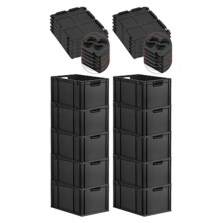 SparSet 10x Eurobox NextGen Color mit Auflagedeckel und Schiebeschnappverschlüsse | HxBxT 32x40x60cm | 65 Liter | Schwarz | Griffe schwarz offen | Verstärkter Boden | Eurobehälter, Transportbox, Transportbehälter, Stapelbehälter