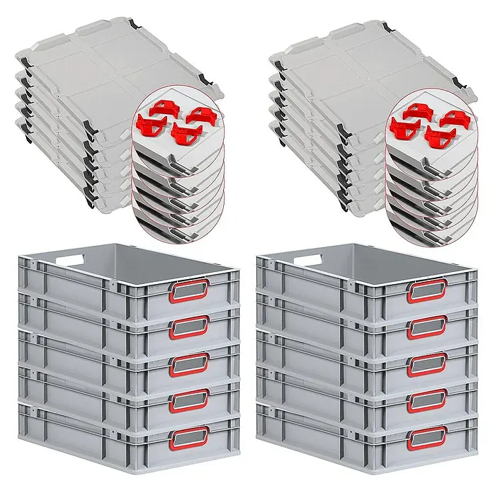 Proregal Euroboxen-Set 10x Eurobox NextGen Color mit Auflagedeckel und Schiebeschnappverschlüsse - L x B x H: 60 x 40 x 12 cm, Kunststoff, Grau, Rot, 10 Stk. - Stapelbare graue Lagerbehälter mit Deckeln und Griffen, ideal für Organisation und Lagerung im gewerblichen und privaten Bereich.