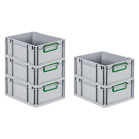 SparSet 5x Eurobox NextGen Color | HxBxT 17x30x40cm | 16 Liter | Griffe grün geschlossen | Glatter Boden | Grau | Eurobehälter, Transportbox, Transportbehälter, Stapelbehälter