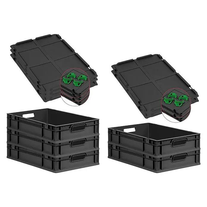 Proregal Euroboxen-Set 5x Eurobox NextGen Grip mit Auflagedeckel inkl. 4 grünen Verschlüssen - L x B x H: 60 x 40 x 12 cm, Kunststoff, Schwarz, 5 Stk. - Produktbild: Mehrere schwarze Stapelboxen und Deckel mit grünen Clipverschlüssen, ideal für Lagerung und Transport.