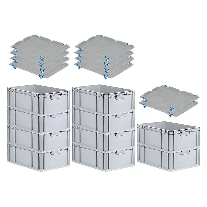 Proregal Euroboxen-Set 10x Eurobox NextGen Grip mit Auflagedeckel inkl. 4 blauen Verschlüssen - Kunststoff, Grau, 10 Stk. - Produktabbildung von grauen Lagerboxen mit passenden Deckeln. Ideal für Ordnung und Lagerung.