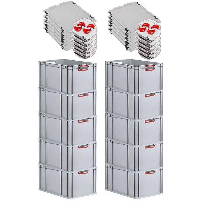 Proregal Euroboxen-Set 10x Eurobox NextGen Color mit Auflagedeckel und Schiebeschnappverschlüsse - L x B x H: 60 x 40 x 32 cm, Kunststoff, Grau, Rot, 10 Stk. - Bild von zwei Stapeln grauer Lagerkisten mit roten Griffen und flachen Deckeln.