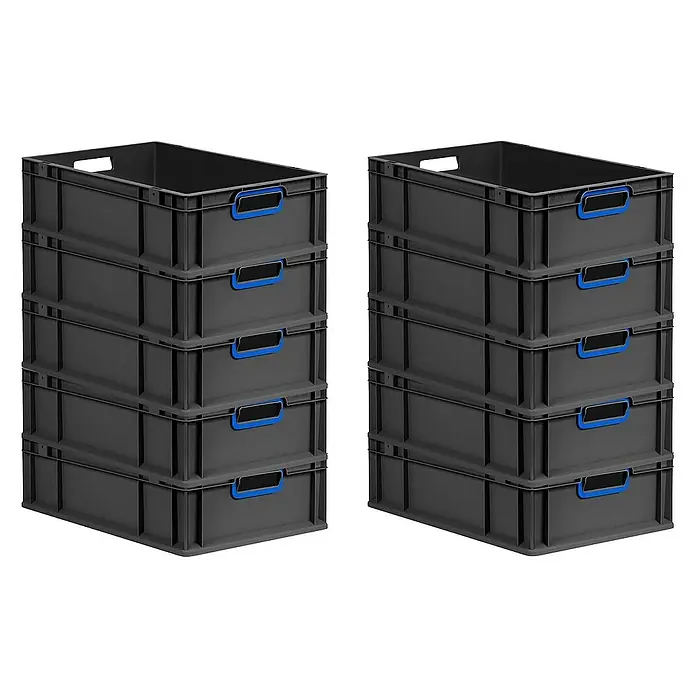 Proregal Euroboxen-Set 10x Eurobox NextGen Color - L x B x H: 60 x 40 x 17 cm, Kunststoff, Schwarz, Blau, 10 Stk. - Stapelbare graue Kunststoffbehälter mit blauen Griffen, ideal für Lagerung und Transport.