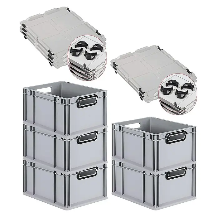 SparSet 5x Eurobox NextGen Color mit Auflagedeckel und Schiebeschnappverschlüsse | HxBxT 22x30x40cm | 20 Liter | Grau | Griffe schwarz offen | Glatter Boden | Eurobehälter, Transportbox, Transportbehälter, Stapelbehälter -  - Graue Eurobehälter mit Deckeln. Die robusten Stapelboxen bieten eine optimale Lösung für Lagerung und Transport. Sie sind vielseitig einsetzbar.