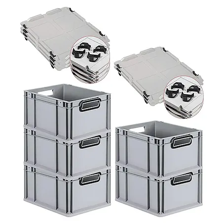 SparSet 5x Eurobox NextGen Color mit Auflagedeckel und Schiebeschnappverschlüsse | HxBxT 22x30x40cm | 20 Liter | Grau | Griffe schwarz offen | Glatter Boden | Eurobehälter, Transportbox, Transportbehälter, Stapelbehälter