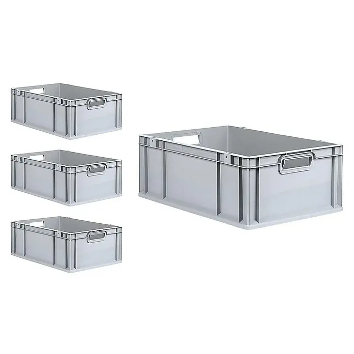 Proregal Euroboxen-Set 4x Eurobox NextGen Economy mit Scharnierdeckel und roten Verschlüssen - L x B x H: 60 x 40 x 22 cm, Kunststoff, Grau, 4 Stk. - Mehrere graue Kunststoffbehälter in verschiedenen Perspektiven. Stapelbar und ideal für Lagerung.