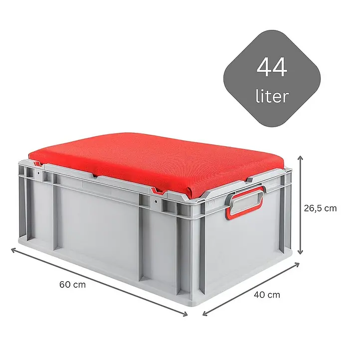 Proregal Euroboxen-Set 3x Eurobox NextGen Seat Box Rot - L x B x H: 60 x 40 x 26,5 cm, Kunststoff, Grau, Rot, 3 Stk. - Graue Kunststoffbox mit rotem Sitzkissen und Größenangaben (60x40x26,5 cm), ideal zur Aufbewahrung und als Sitzgelegenheit.