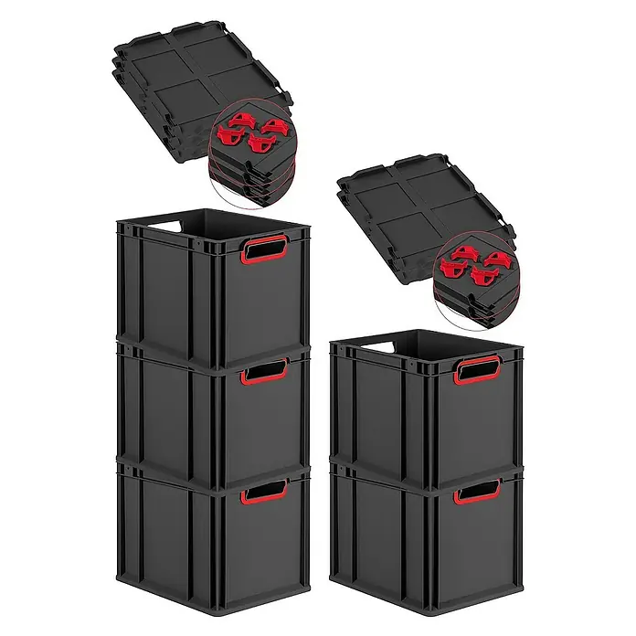 Proregal Euroboxen-Set 5x Eurobox NextGen Color mit Auflagedeckel und Schiebeschnappverschlüsse - L x B x H: 40 x 30 x 32 cm, Kunststoff, Schwarz, Rot, 5 Stk. - Stapelbare schwarze Kunststoffboxen mit roten Griffen und passenden Deckeln für Lagerung und Organisation.