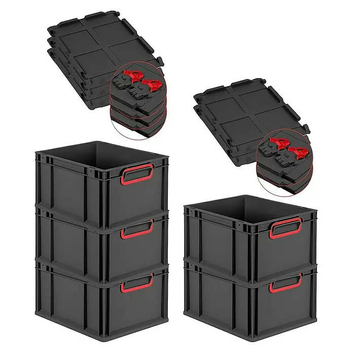 Proregal Euroboxen-Set 5x Eurobox NextGen Color mit Scharnierdeckel und Verschlüssen - L x B x H: 40 x 30 x 22 cm, Kunststoff, Schwarz, Rot, 5 Stk. - Bild von schwarzen Aufbewahrungsboxen mit roten Griffen und passenden Deckeln.