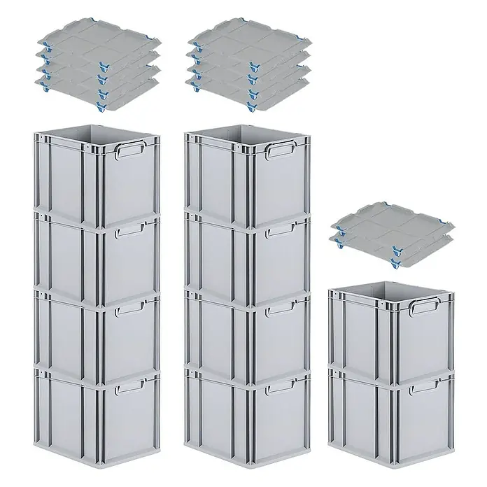 Proregal Euroboxen-Set 10x Eurobox NextGen Economy mit Auflagedeckel und 4x Verschlüsse Blau - Kunststoff, Grau, 10 Stk. - Produktansicht von drei Stapeln grauer Kunststoffkisten und drei Stapeln grauer Kunststoffdeckel.
