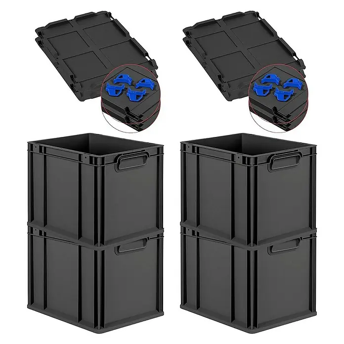 Proregal Euroboxen-Set 4x Eurobox NextGen Grip mit Auflagedeckel inkl. 4 blauen Verschlüssen - Kunststoff, Schwarz, 4 Stk. - Schwarze Kunststoffboxen mit Deckeln und blauen Clips, stapelbar für Lagerung und Organisation.