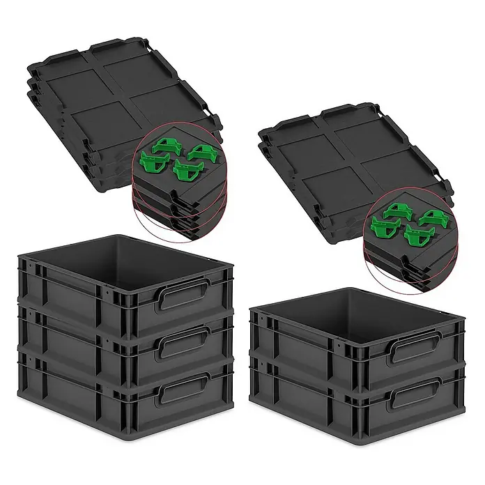Proregal Euroboxen-Set 5x Eurobox NextGen Grip mit Auflagedeckel inkl. 4 grünen Verschlüssen - L x B x H: 40 x 30 x 12 cm, Kunststoff, Schwarz, 5 Stk. - Abgebildete schwarze Euroboxen, ideal für Lagerung und Transport. Stapelbare Behälter mit Deckel und praktischen Griffen.