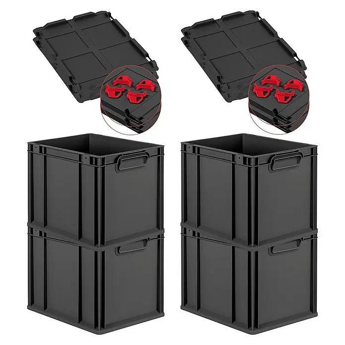 Proregal Euroboxen-Set 4x Eurobox NextGen Grip mit Auflagedeckel inkl. 4 roten Verschlüssen - Kunststoff, Schwarz, 4 Stk. - Produktfoto von vier stapelbaren, schwarzen Lagerkisten mit Deckeln und roten Verschlüssen, ideal für Ordnung und Lagerung.