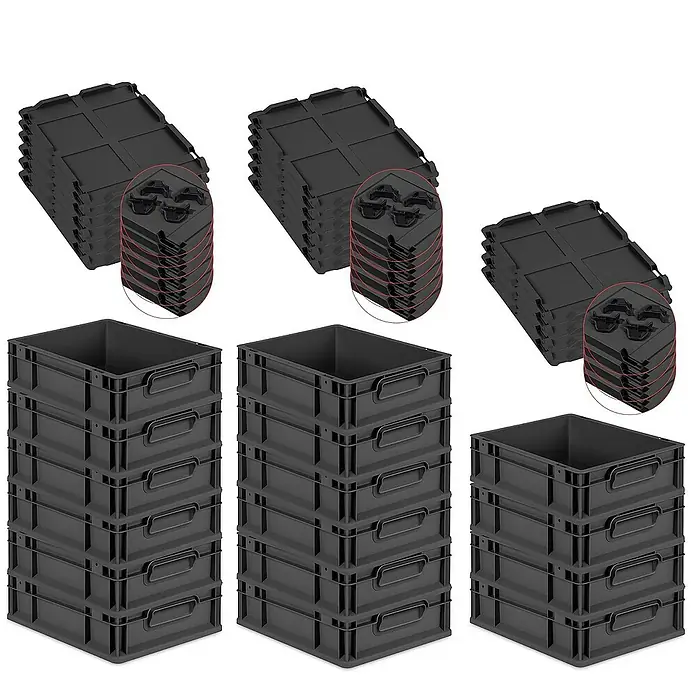 SuperSparSet 16x Eurobox NextGen Grip mit Auflagedeckel inkl. 4 schwarzen Schiebeschnappverschlüssen | HxBxT 12x30x40cm | 11 Liter | Schwarz | Griffe geschlossen | Eurobehälter, Transportbox, Transportbehälter, Stapelbehälter -  - Stapelbare Kunststoffboxen und Deckel. Ideal für Lagerung und Organisation.