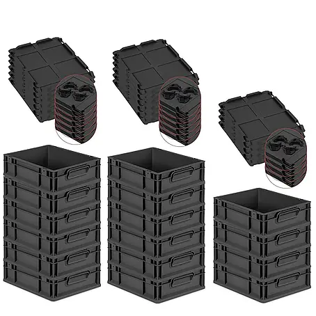 SuperSparSet 16x Eurobox NextGen Grip mit Auflagedeckel inkl. 4 schwarzen Schiebeschnappverschlüssen | HxBxT 12x30x40cm | 11 Liter | Schwarz | Griffe geschlossen | Eurobehälter, Transportbox, Transportbehälter, Stapelbehälter
