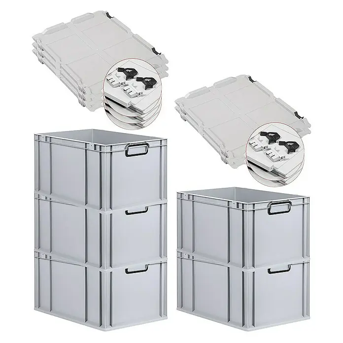 Proregal Euroboxen-Set 5x Eurobox NextGen Color mit Scharnierdeckel und Verschlüssen - L x B x H: 60 x 40 x 32 cm, Kunststoff, Grau, Schwarz, 5 Stk. - Stapelbare graue Behälter und Deckel mit Spannverschlüssen für Lagerung und Transport.