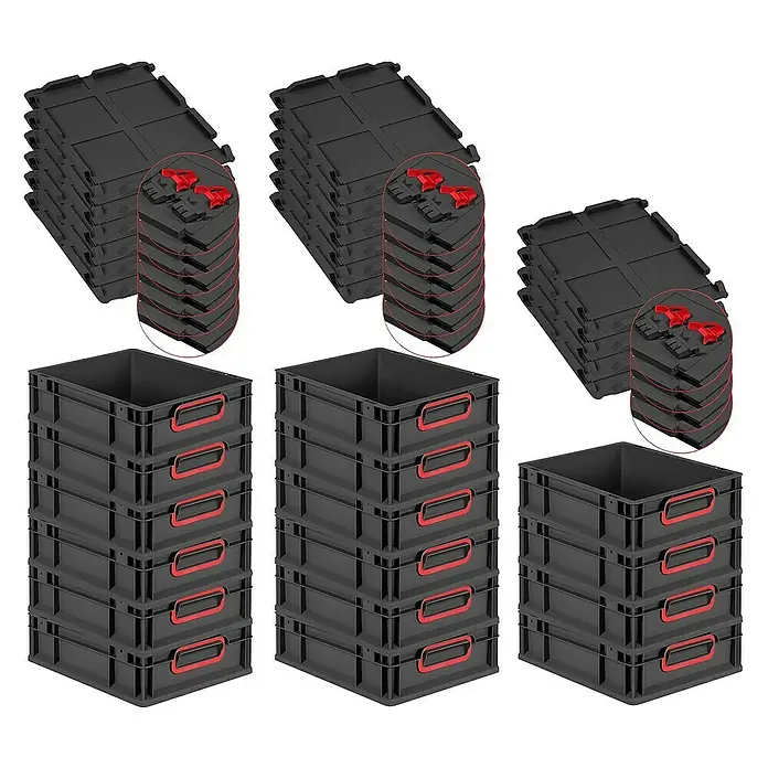 Proregal Euroboxen-Set 16x Eurobox NextGen Color mit Scharnierdeckel und Verschlüssen - L x B x H: 40 x 30 x 12 cm, Kunststoff, Schwarz, Rot, 16 Stk. - Bild von schwarzen Aufbewahrungsboxen mit roten Griffen und schwarzen Deckeln, die in Stapeln angeordnet sind.