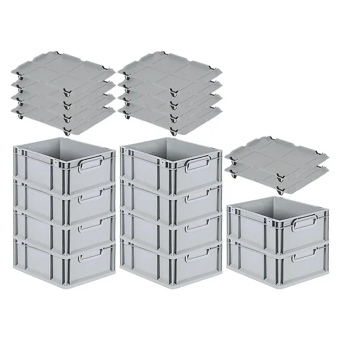 Proregal Euroboxen-Set 10x Eurobox NextGen Economy mit Auflagedeckel und 4x Verschlüsse Schwarz - Kunststoff, Grau, 10 Stk. - Graue Kunststoffboxen und Deckel sind ordentlich gestapelt. Praktisches Aufbewahrungssystem für Ordnung im Haus oder Lager.