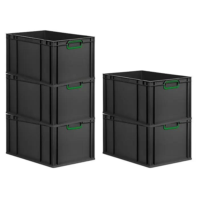 Proregal Euroboxen-Set 10x Eurobox NextGen Color - L x B x H: 60 x 40 x 32 cm, Kunststoff, Schwarz, Grün, 10 Stk. - Ein Stapel grauer Kunststoffbehälter mit grünen Griffen, die sich ideal zur Aufbewahrung und Organisation eignen.