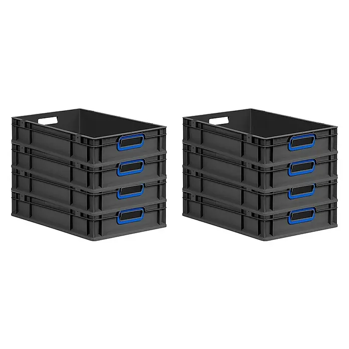 Proregal Euroboxen-Set 8x Eurobox NextGen Color - L x B x H: 60 x 40 x 12 cm, Kunststoff, Schwarz, Blau, 8 Stk. - Zwei Stapel grauer Kunststoffbehälter mit blauen Griffen, die zur Lagerung und Organisation verwendet werden.