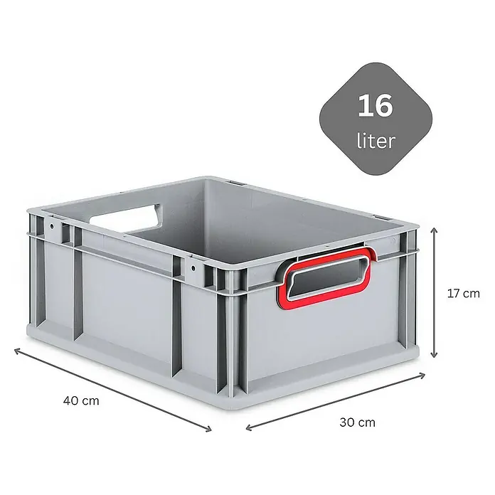 SuperSparSet 10x Eurobox NextGen Color mit Scharnierdeckel und Schiebeschnappverschlüssen | HxBxT 17x30x40cm | 16 Liter | Grau | Griffe rot offen | Glatter Boden | Eurobehälter, Transportbox, Transportbehälter, Stapelbehälter -  - Graue Lagerbox mit den Maßen 40 x 30 x 17 cm und einem Volumen von 16 Litern. Ideal für Ordnung.