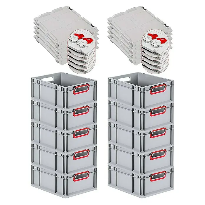 SuperSparSet 10x Eurobox NextGen Color mit Scharnierdeckel und Schiebeschnappverschlüssen | HxBxT 17x30x40cm | 16 Liter | Grau | Griffe rot offen | Glatter Boden | Eurobehälter, Transportbox, Transportbehälter, Stapelbehälter -  - Stapelbare graue Kunststoffboxen und Deckel mit roten Details, ideal für Lagerung und Organisation.
