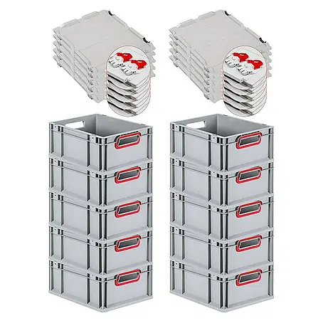 SuperSparSet 10x Eurobox NextGen Color mit Scharnierdeckel und Schiebeschnappverschlüssen | HxBxT 17x30x40cm | 16 Liter | Grau | Griffe rot offen | Glatter Boden | Eurobehälter, Transportbox, Transportbehälter, Stapelbehälter