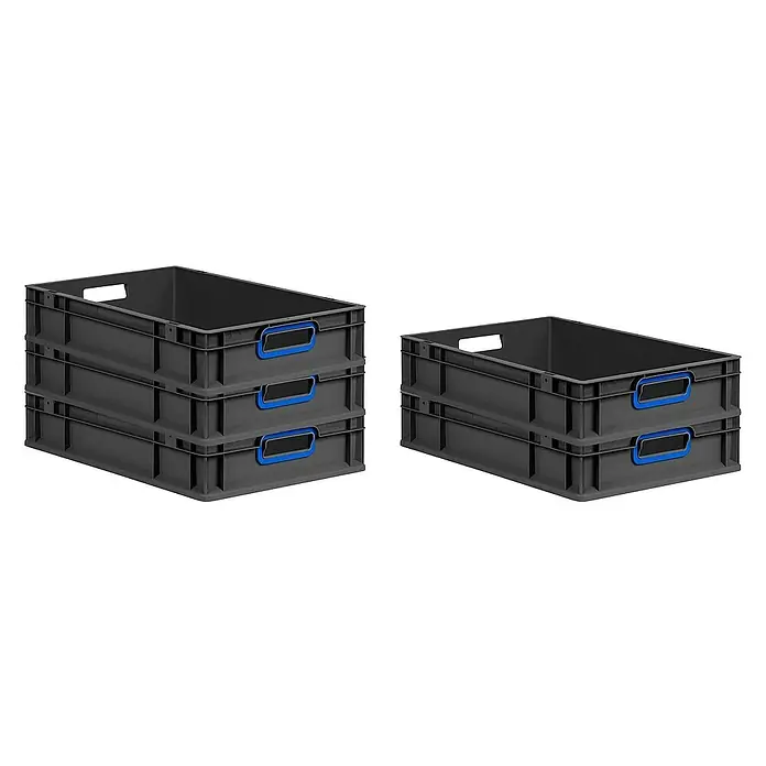 Proregal Euroboxen-Set 8x Eurobox NextGen Color - L x B x H: 60 x 40 x 12 cm, Kunststoff, Schwarz, Blau, 8 Stk. - Stapelbare graue Kunststoffbehälter mit blauen Griffen, ideal für Lagerung und Transport. Praktische Lösung für Ordnung und Organisation.