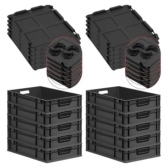 Proregal Euroboxen-Set 10x Eurobox NextGen Color mit Auflagedeckel und Schiebeschnappverschlüsse - L x B x H: 60 x 40 x 12 cm, Kunststoff, Schwarz, Schwarz, 10 Stk. - Schwarze Transportkisten und Deckel im Stapel. Ideal für Lagerung und Organisation. Robuste Bauweise für zuverlässigen Einsatz.