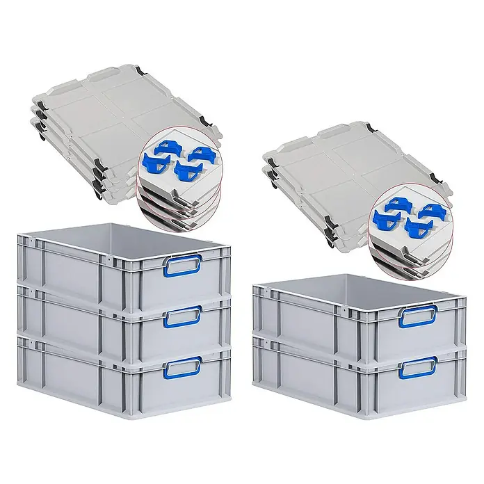 Proregal Euroboxen-Set 5x Eurobox NextGen Color mit Auflagedeckel und Schiebeschnappverschlüsse - L x B x H: 60 x 40 x 17 cm, Kunststoff, Grau, Blau, 5 Stk. - Bild von grauen Stapelboxen aus Kunststoff mit blauen Griffen und dazugehörigen Deckeln und Halterungen.