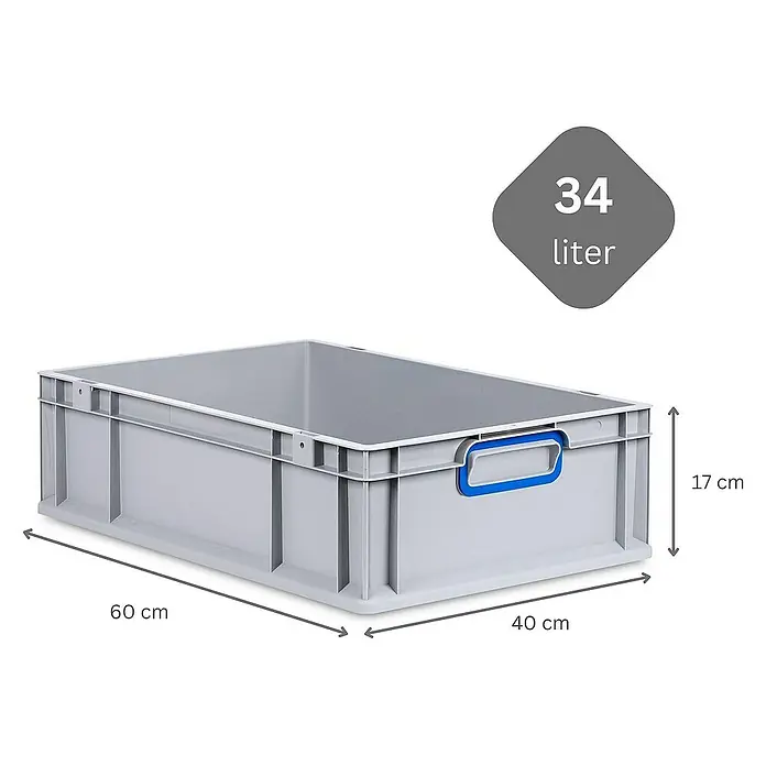 Proregal Euroboxen-Set 5x Eurobox NextGen Color mit Auflagedeckel und Schiebeschnappverschlüsse - L x B x H: 60 x 40 x 17 cm, Kunststoff, Grau, Blau, 5 Stk. - Graue 34-Liter-Kunststoffbox mit Griffen zur Aufbewahrung. Ideal für Lagerung und Transport, 60 x 40 x 17 cm.